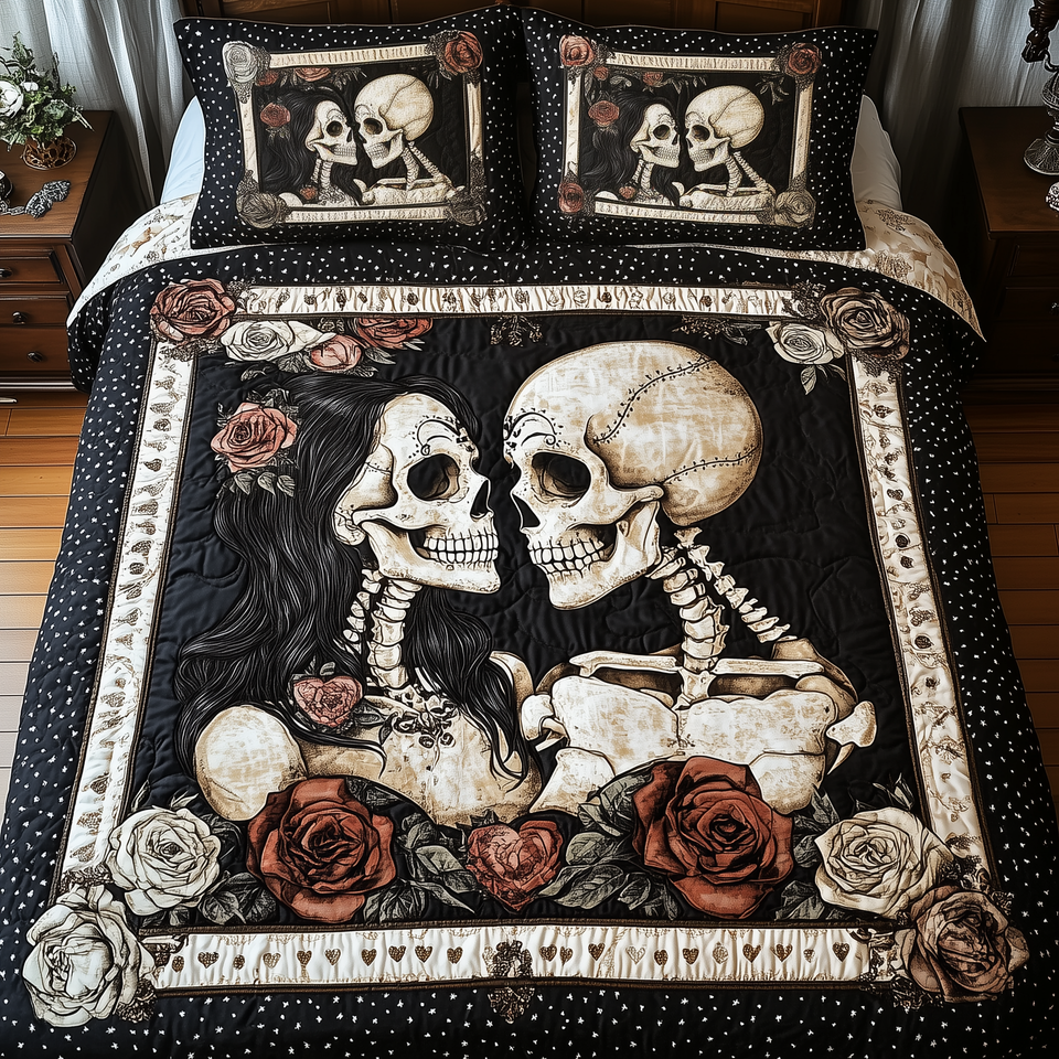 Skull Couple Striped Frame Rose Bed quilted bedding set, quilt and two pillow shams on a made bed