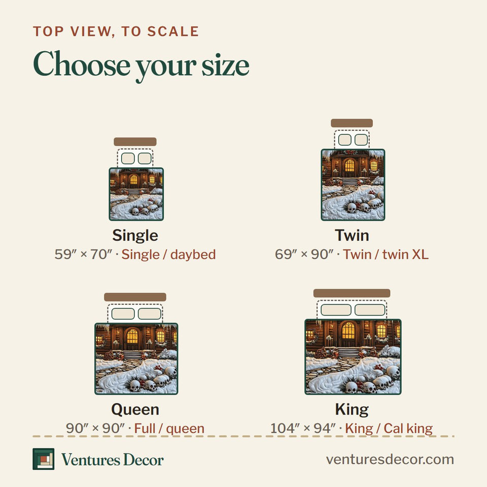 Size guide for the Skull Garden Snow Cabin quilt, top view to scale: Single 59 x 70 in, Twin 69 x 90 in, Queen 90 x 90 in, King 104 x 94 in
