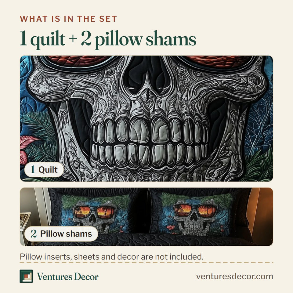 What is in the set: one quilt and two pillow shams, shown in the Skull Island design