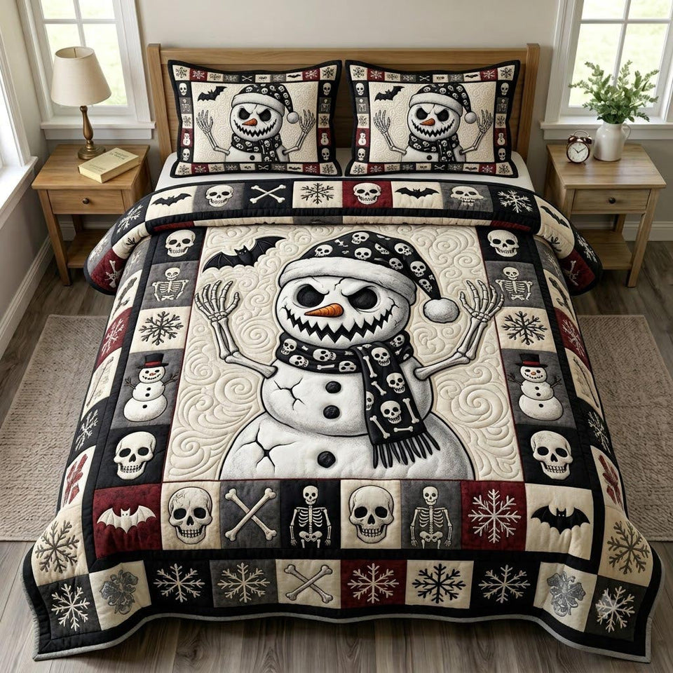 Skull Patch Snowman quilted bedding set, quilt and two pillow shams on a made bed