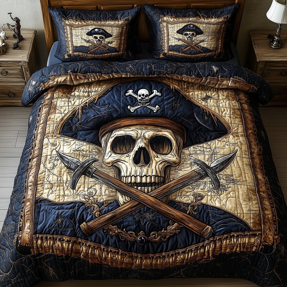 Skull Pirate Parchment Map Sabres quilted bedding set, quilt and two pillow shams on a made bed