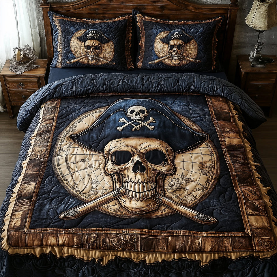 Skull Pirate Tattered Flag Crossbones quilted bedding set, quilt and two pillow shams on a made bed