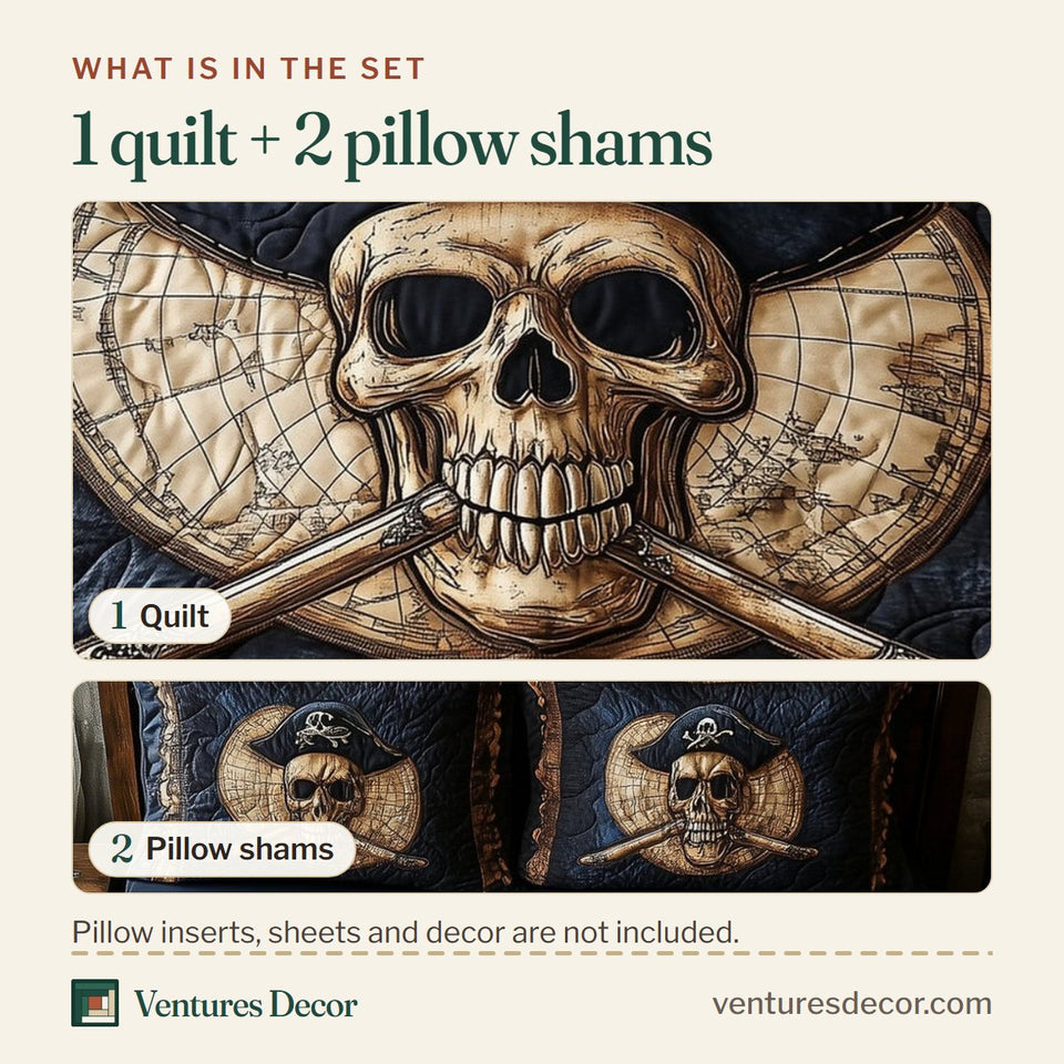 What is in the set: one quilt and two pillow shams, shown in the Skull Pirate Tattered Flag Crossbones design