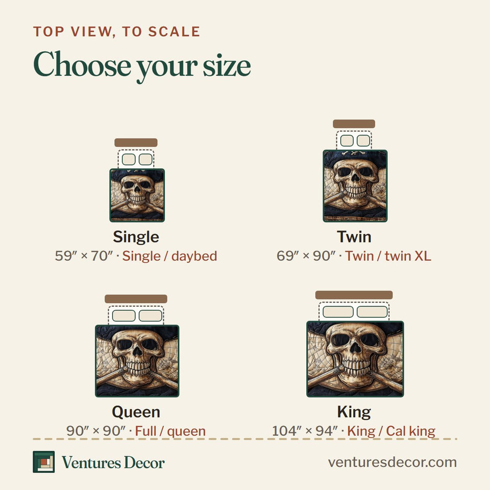 Size guide for the Skull Pirate Tattered Flag Crossbones quilt, top view to scale: Single 59 x 70 in, Twin 69 x 90 in, Queen 90 x 90 in, King 104 x 94 in