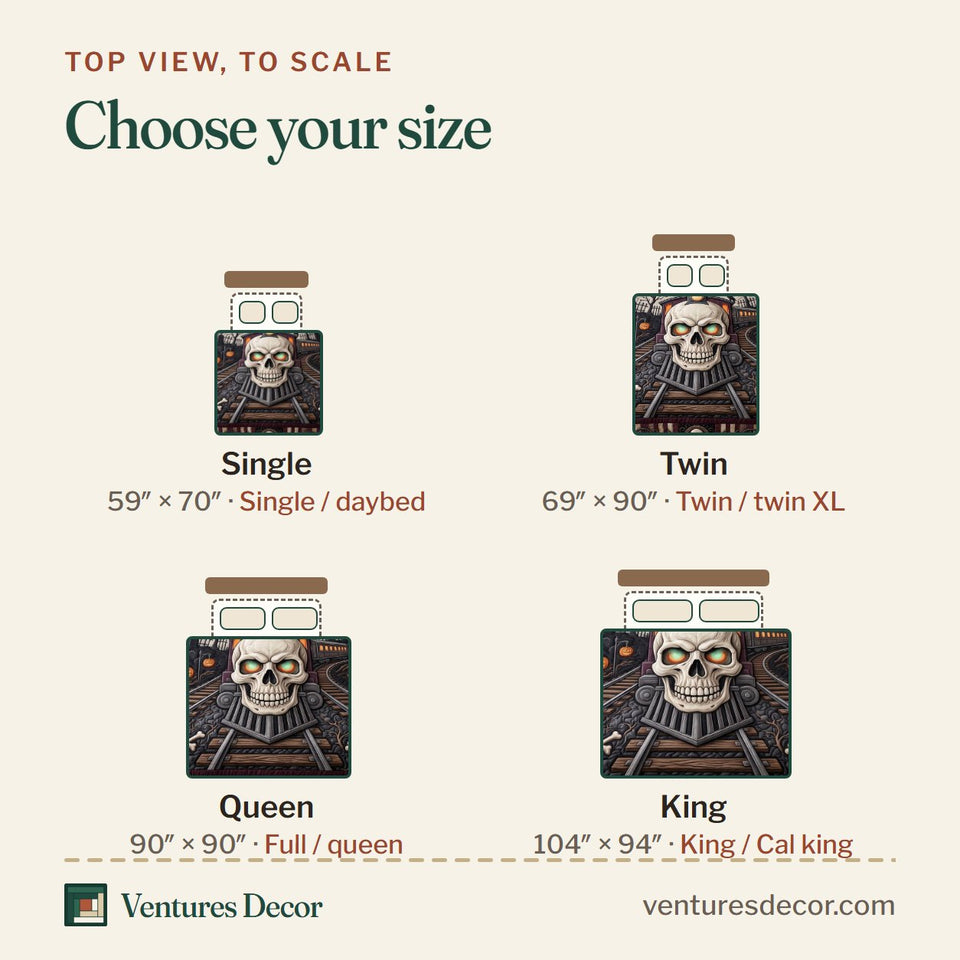 Size guide for the Skull Railway quilt, top view to scale: Single 59 x 70 in, Twin 69 x 90 in, Queen 90 x 90 in, King 104 x 94 in