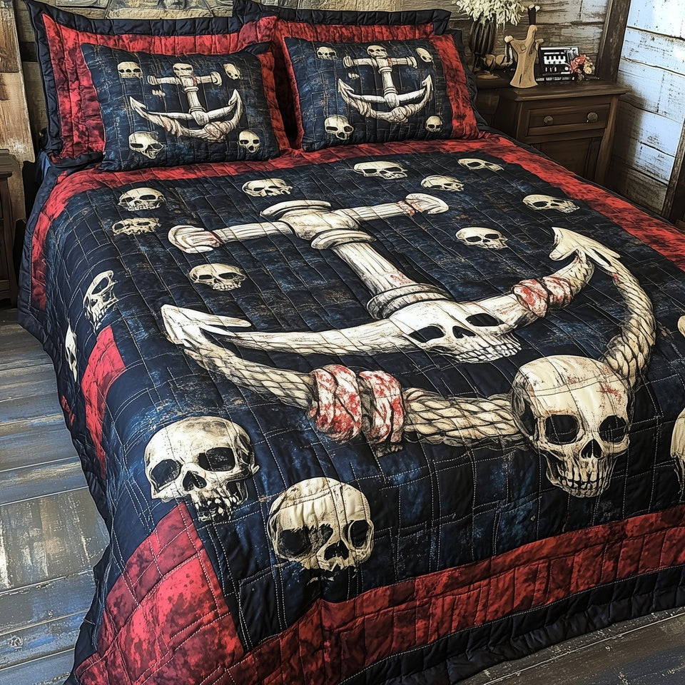 Skull Rope Anchor Reckoning quilted bedding set, quilt and two pillow shams on a made bed