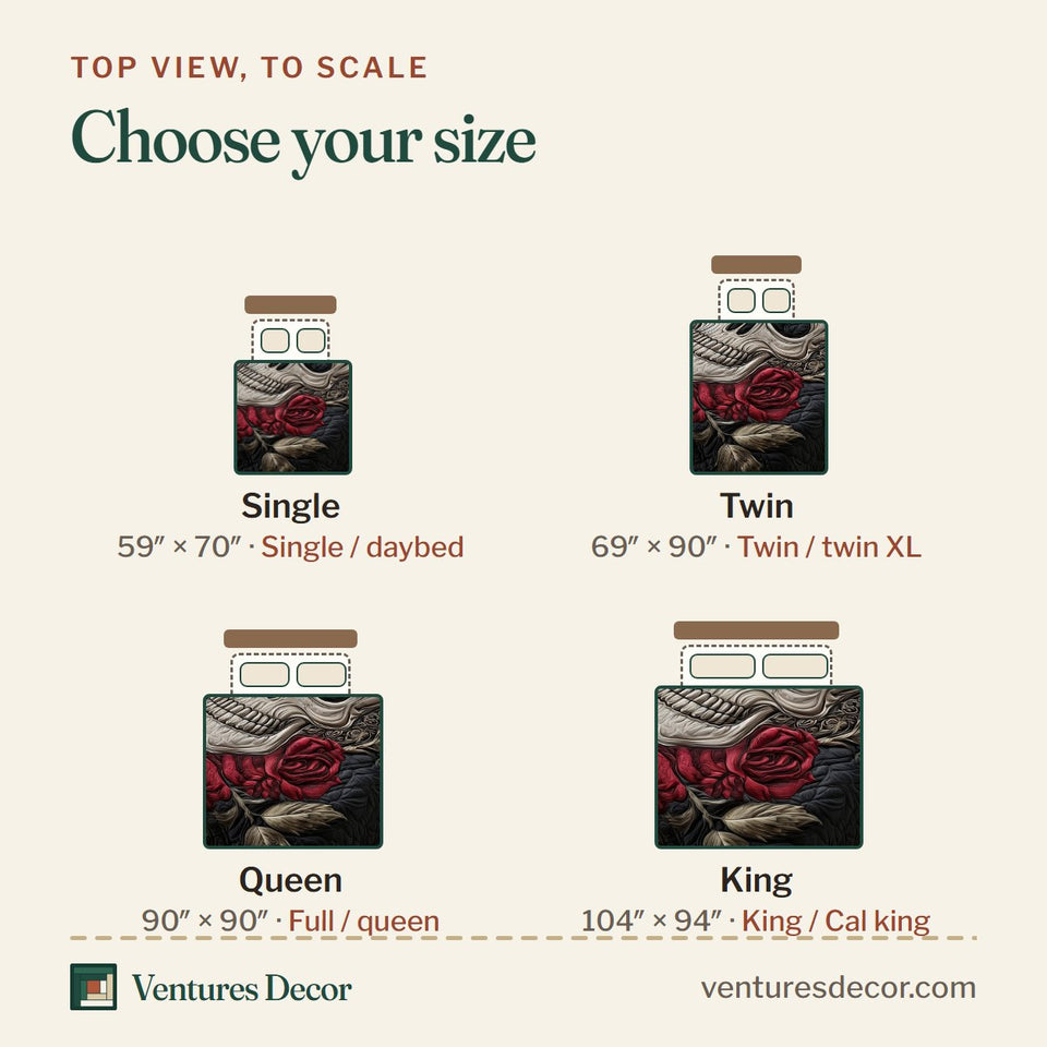 Size guide for the Skull Serenity Crimson Roses on Charcoal quilt, top view to scale: Single 59 x 70 in, Twin 69 x 90 in, Queen 90 x 90 in, King 104 x 94 in