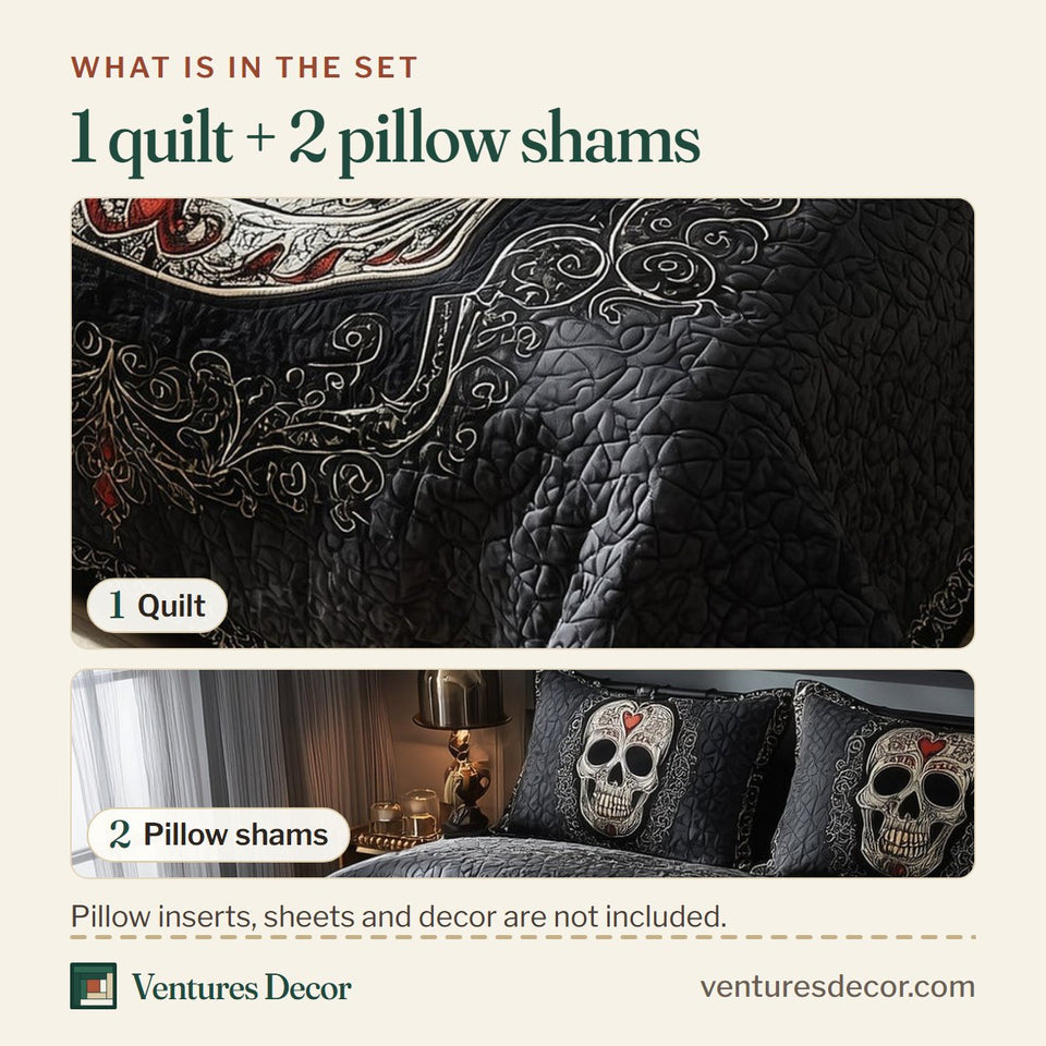 What is in the set: one quilt and two pillow shams, shown in the Skull Serenity Rose Between the Teeth design