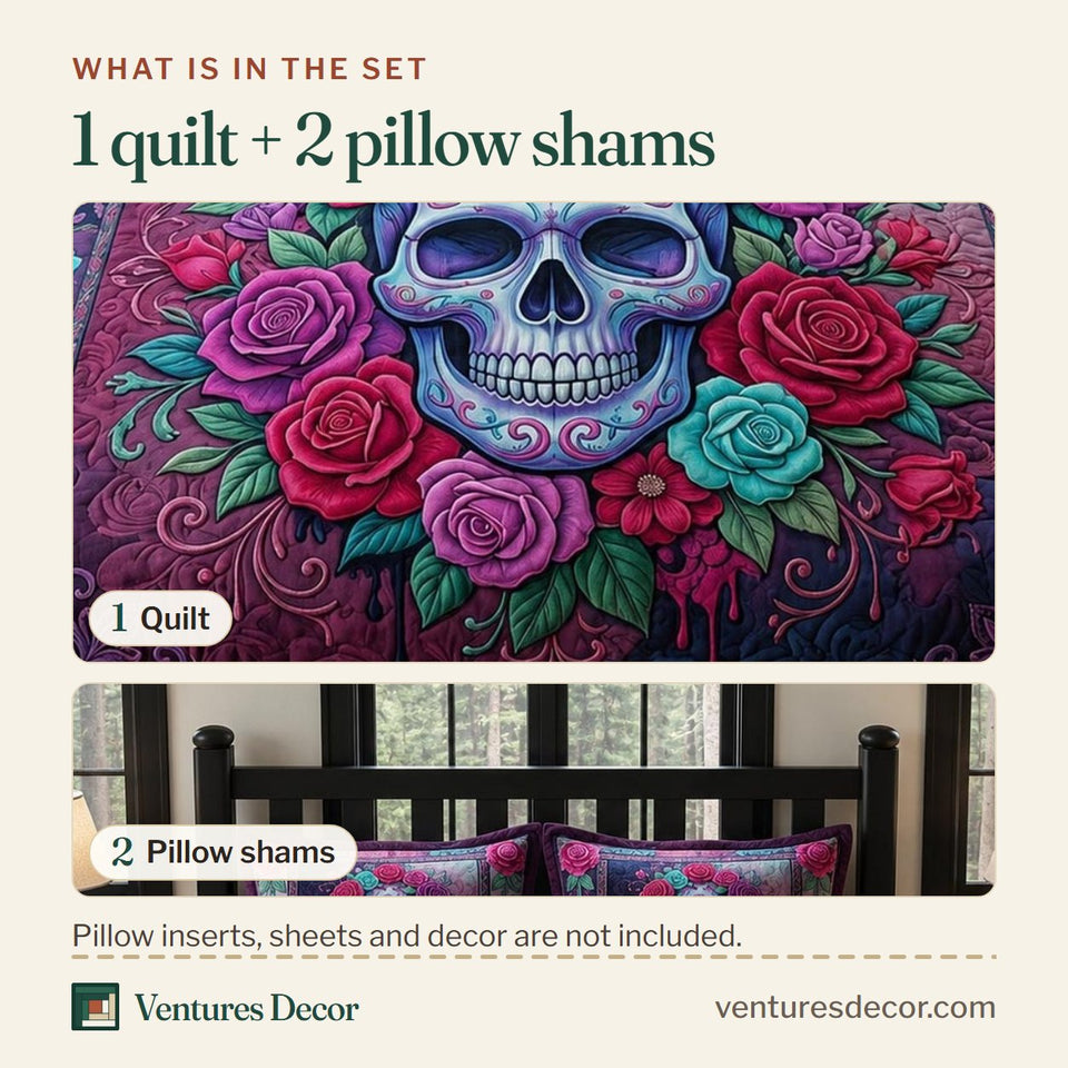What is in the set: one quilt and two pillow shams, shown in the Skull Spirit design