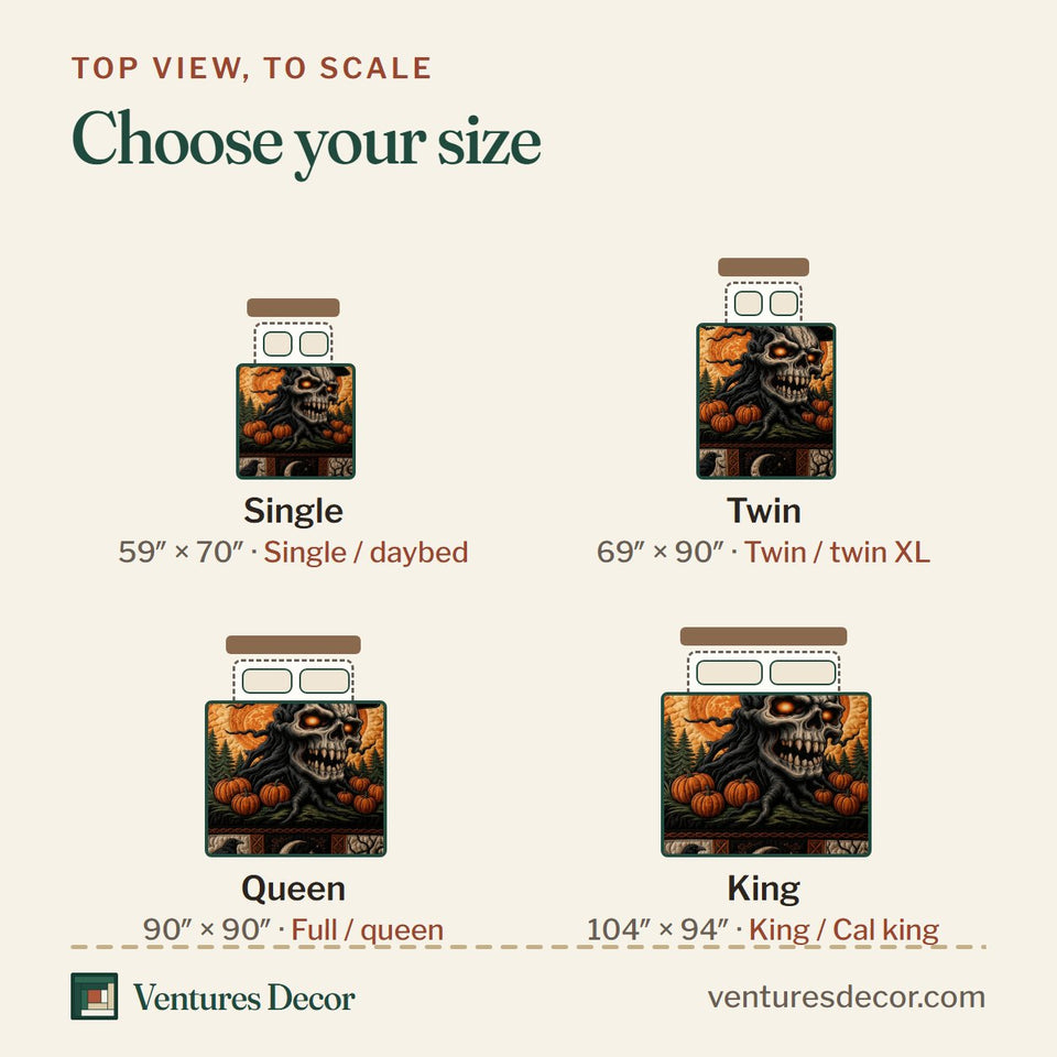 Size guide for the Skull Tree Cross quilt, top view to scale: Single 59 x 70 in, Twin 69 x 90 in, Queen 90 x 90 in, King 104 x 94 in