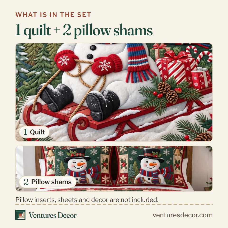 What is in the set: one quilt and two pillow shams, shown in the Sledding Snowman design