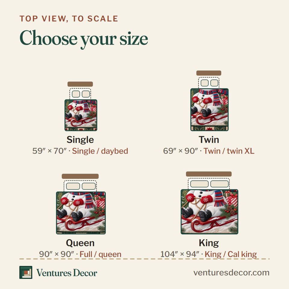 Size guide for the Sledding Snowman quilt, top view to scale: Single 59 x 70 in, Twin 69 x 90 in, Queen 90 x 90 in, King 104 x 94 in