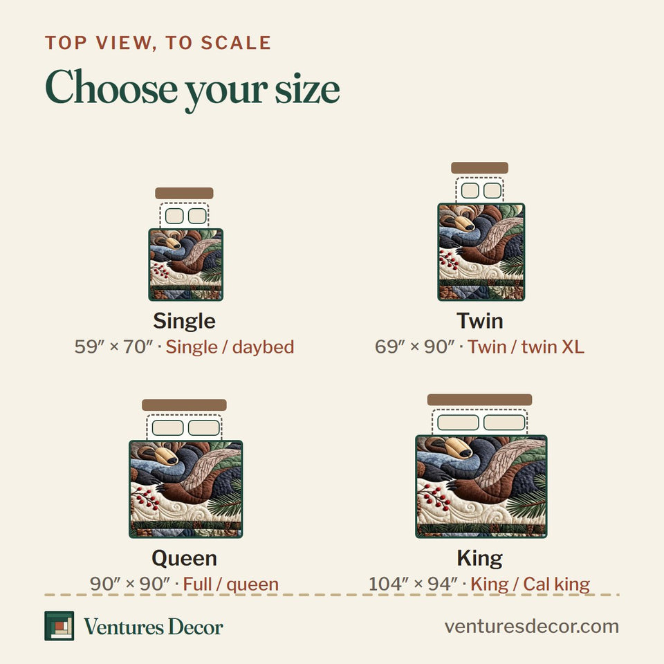 Size guide for the Sleeping Bear Forest quilt, top view to scale: Single 59 x 70 in, Twin 69 x 90 in, Queen 90 x 90 in, King 104 x 94 in