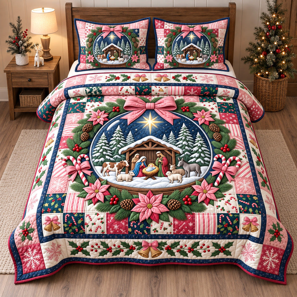Snow Globe Nativity quilted bedding set, quilt and two pillow shams on a made bed
