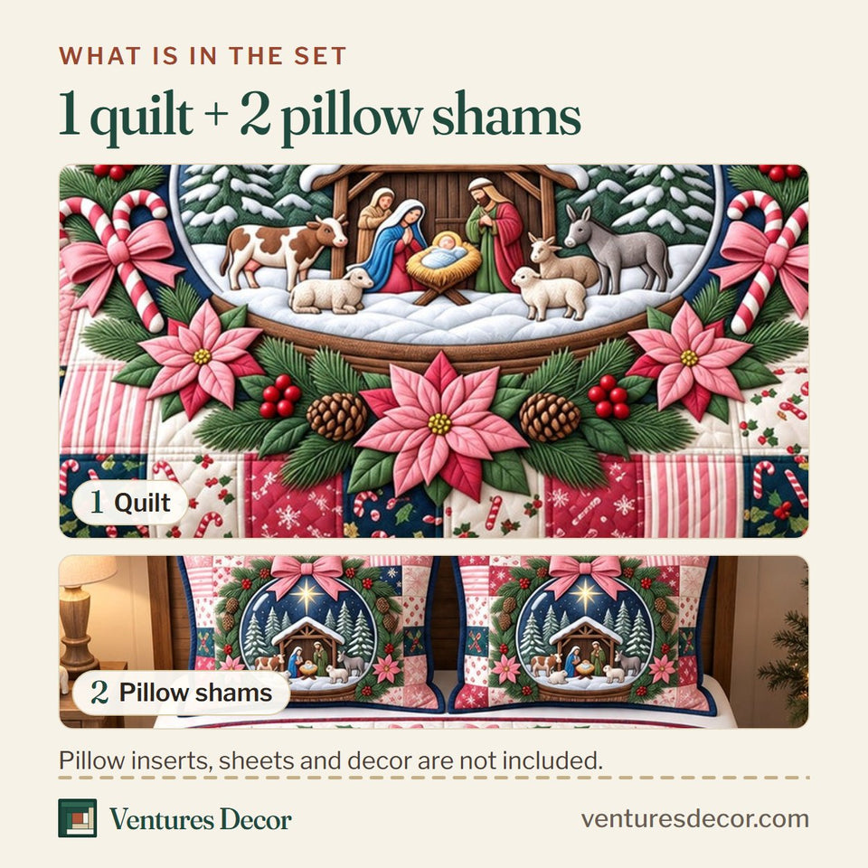 What is in the set: one quilt and two pillow shams, shown in the Snow Globe Nativity design