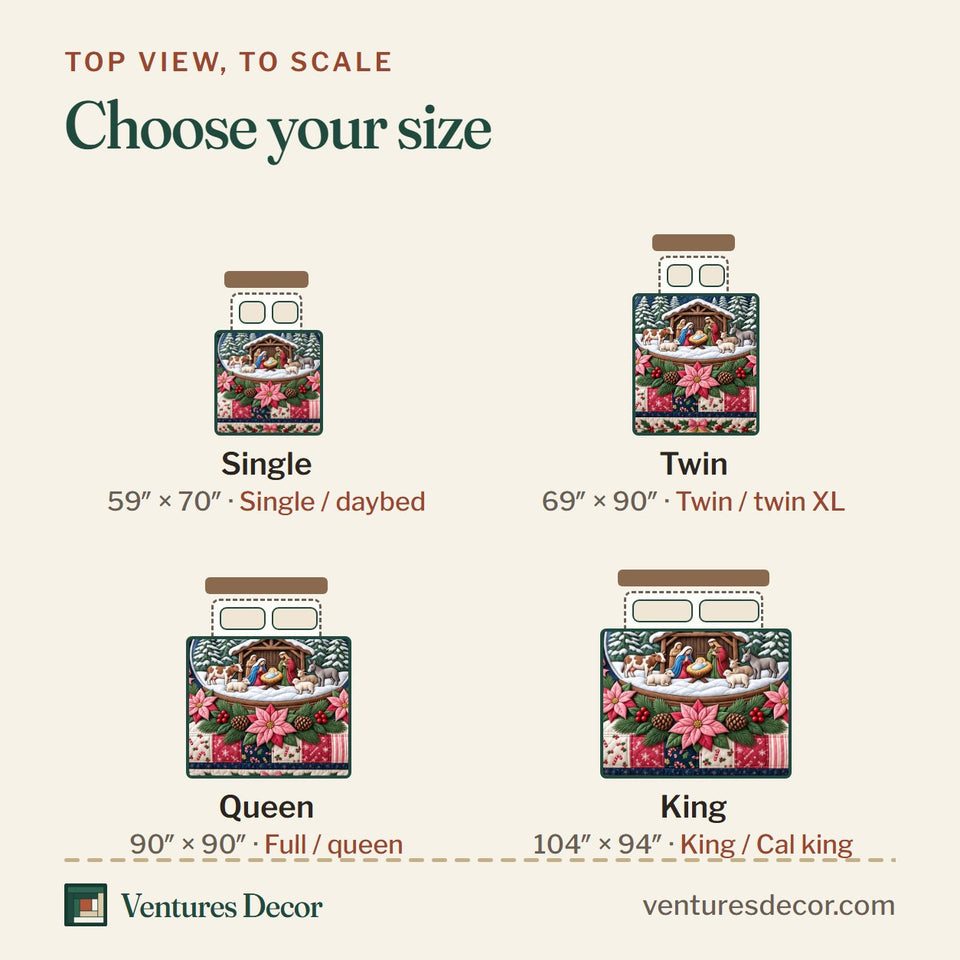 Size guide for the Snow Globe Nativity quilt, top view to scale: Single 59 x 70 in, Twin 69 x 90 in, Queen 90 x 90 in, King 104 x 94 in