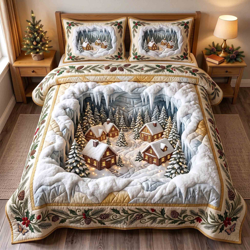 Snow Hollow Cottages quilted bedding set, quilt and two pillow shams on a made bed