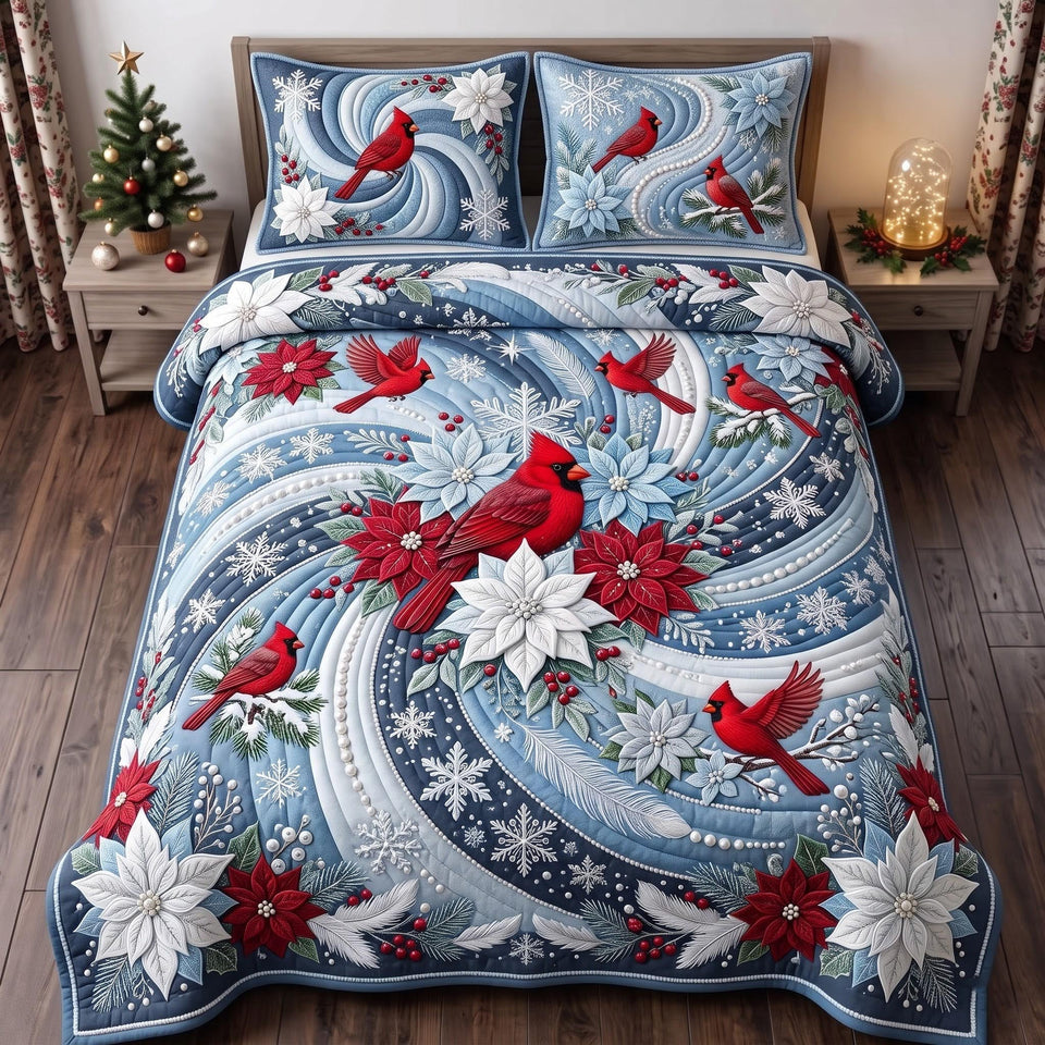 Snow Swirl Cardinal Poinsettia quilted bedding set, quilt and two pillow shams on a made bed