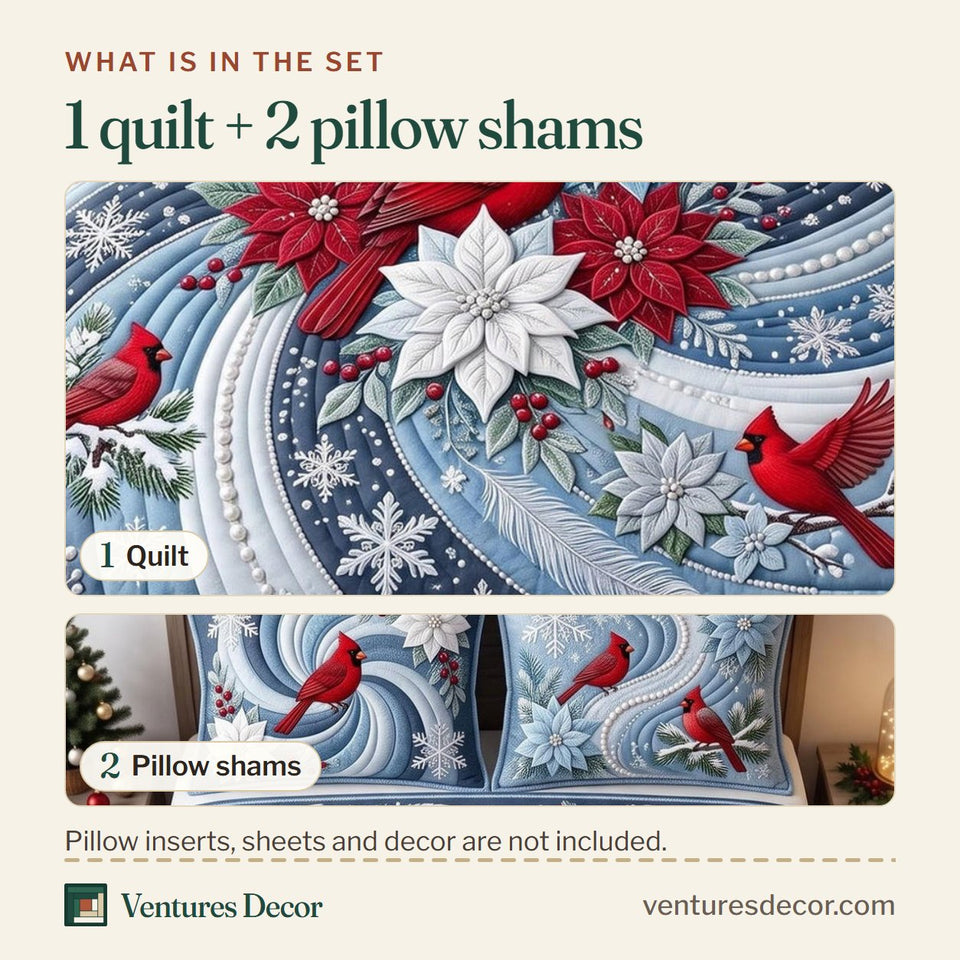 What is in the set: one quilt and two pillow shams, shown in the Snow Swirl Cardinal Poinsettia design