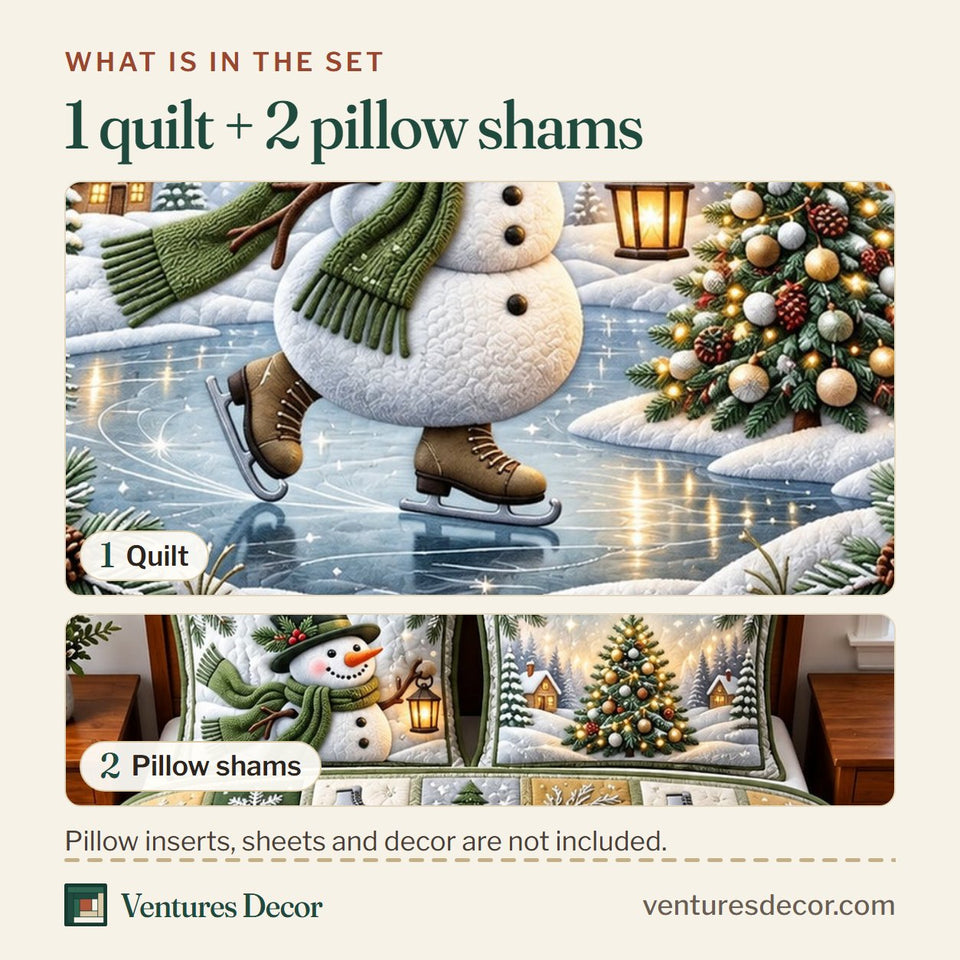 What is in the set: one quilt and two pillow shams, shown in the Snowman Christmas design