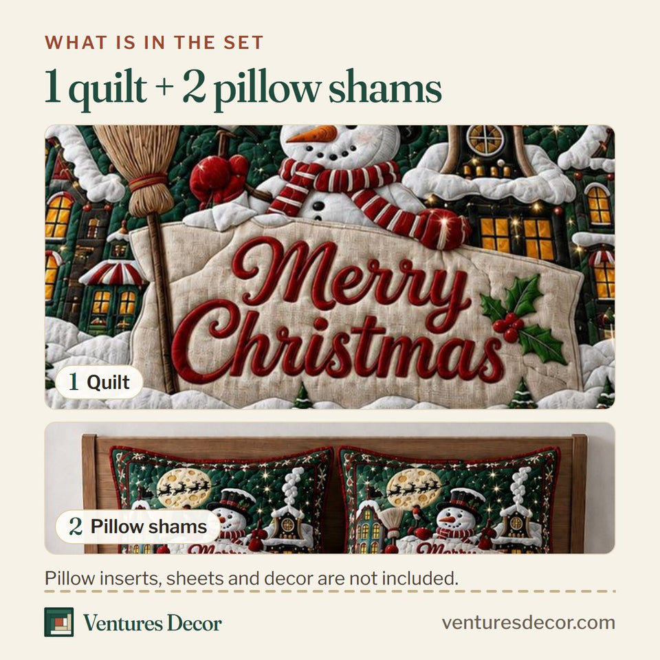 What is in the set: one quilt and two pillow shams, shown in the Snowman Delight design