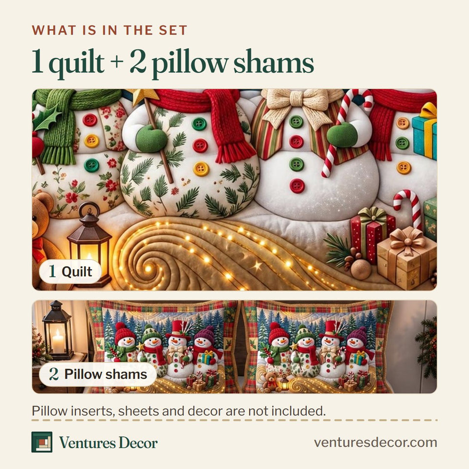 What is in the set: one quilt and two pillow shams, shown in the Snowman Friends design