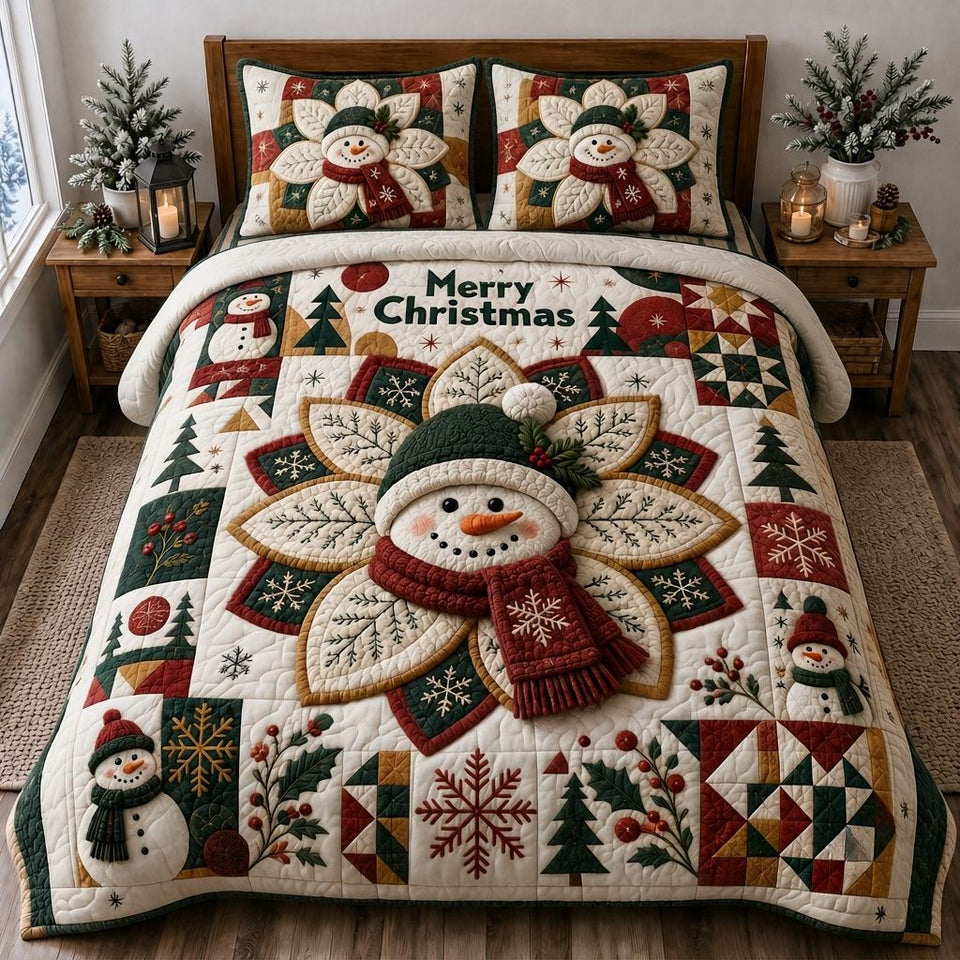 Snowman Frosty Dreams quilted bedding set, quilt and two pillow shams on a made bed