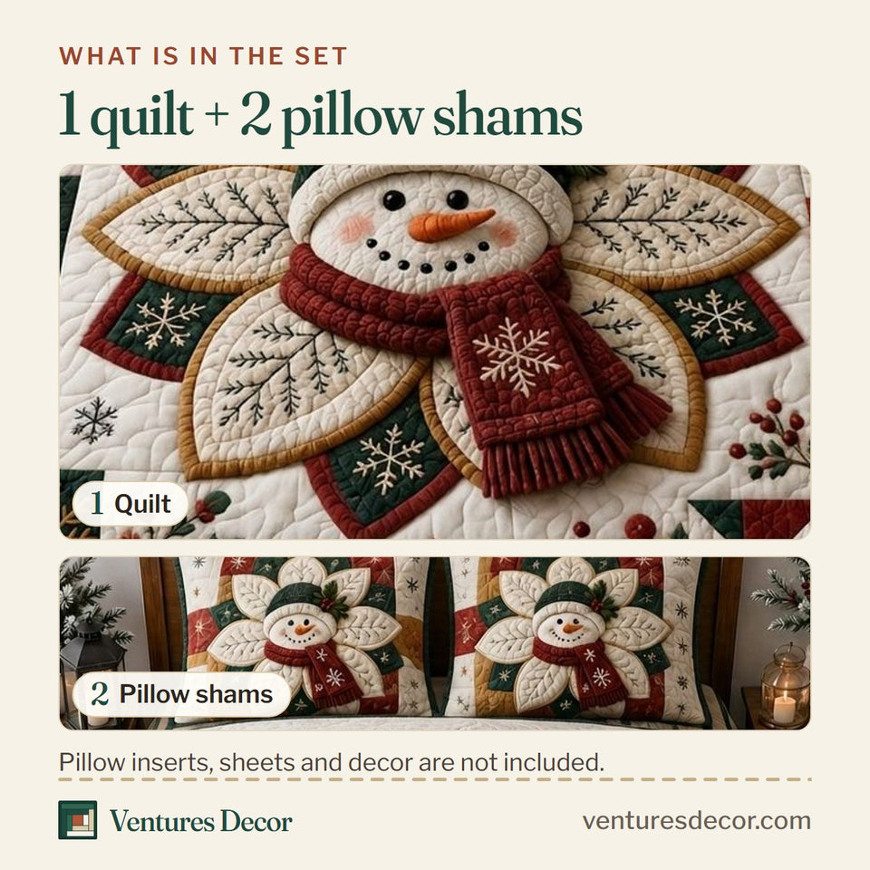 What is in the set: one quilt and two pillow shams, shown in the Snowman Frosty Dreams design