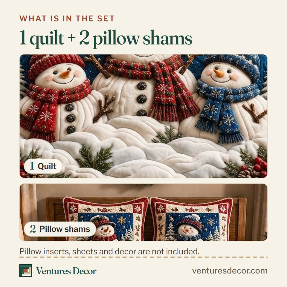 What is in the set: one quilt and two pillow shams, shown in the Snowman Glow design