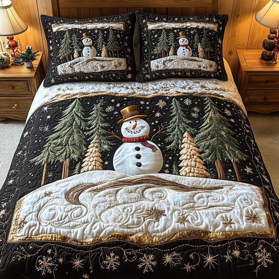 Snowman Magic Midnight Sparkle quilted bedding set, quilt and two pillow shams on a made bed