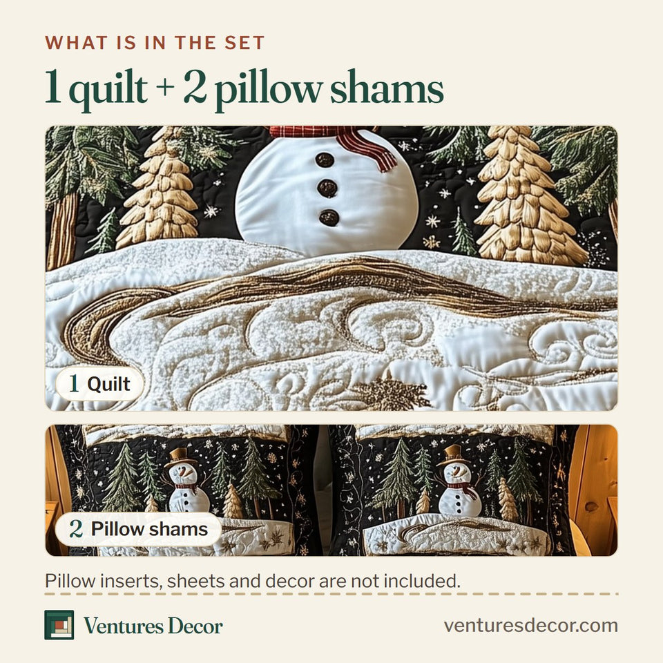 What is in the set: one quilt and two pillow shams, shown in the Snowman Magic Midnight Sparkle design