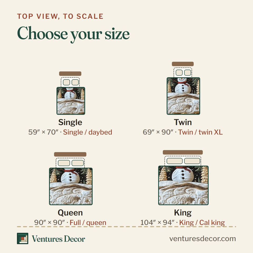 Size guide for the Snowman Magic Midnight Sparkle quilt, top view to scale: Single 59 x 70 in, Twin 69 x 90 in, Queen 90 x 90 in, King 104 x 94 in