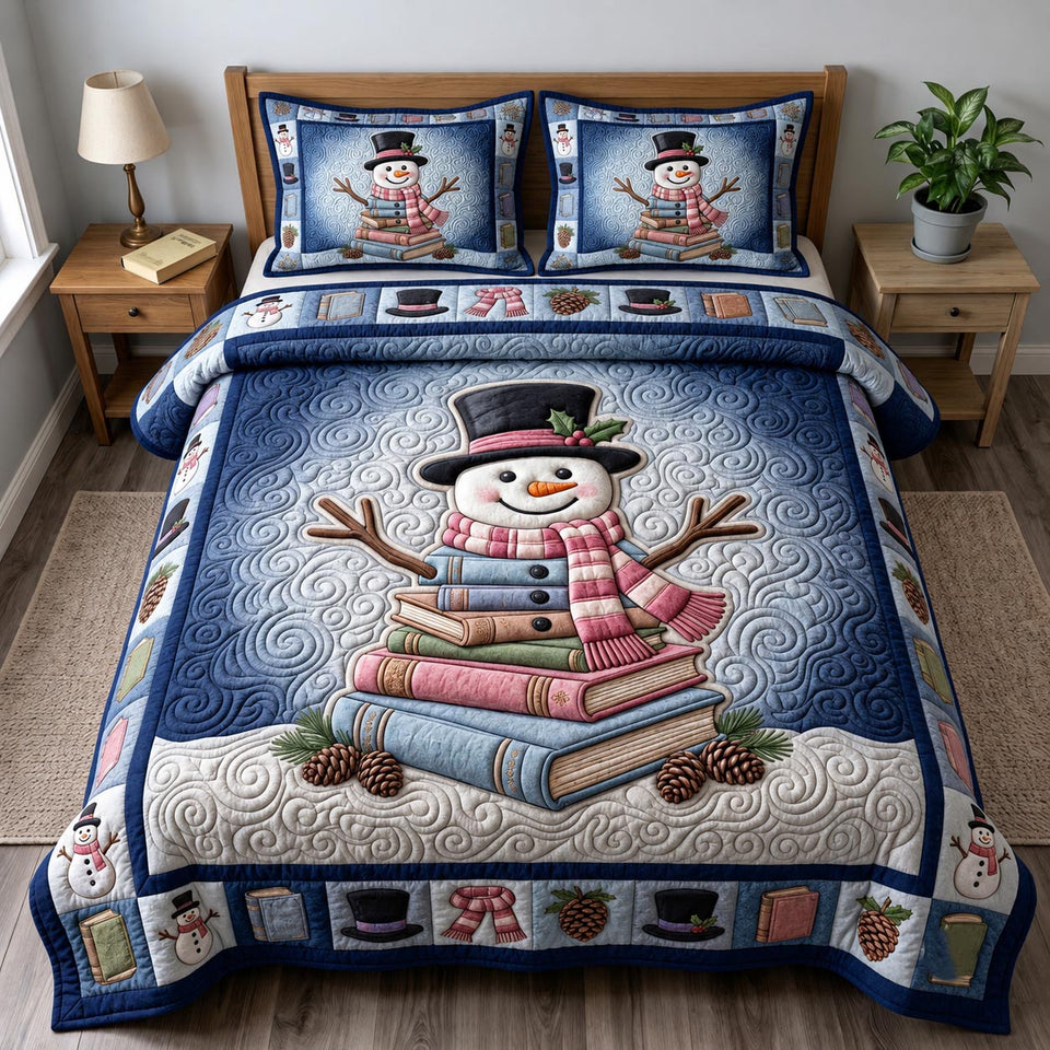 Snowman on the Book Stack quilted bedding set, quilt and two pillow shams on a made bed