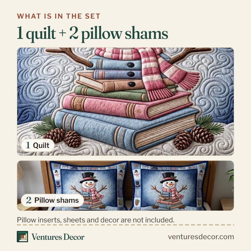 What is in the set: one quilt and two pillow shams, shown in the Snowman on the Book Stack design