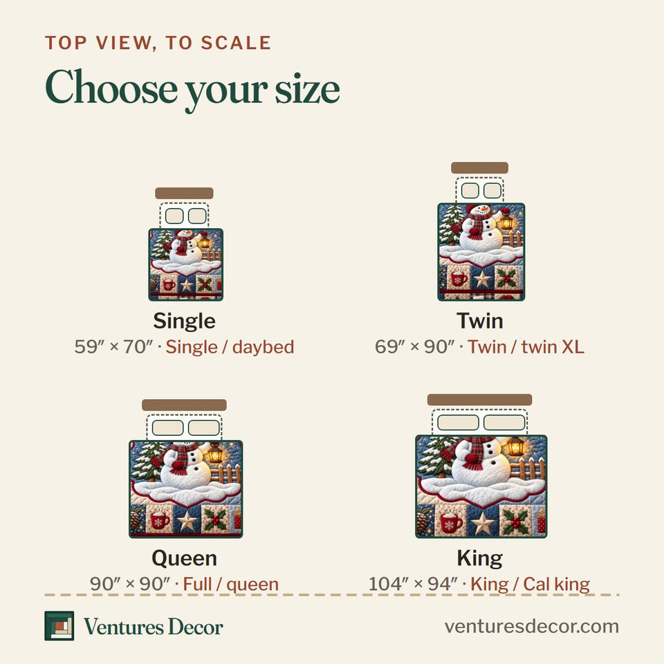 Size guide for the Snowman Patchwork quilt, top view to scale: Single 59 x 70 in, Twin 69 x 90 in, Queen 90 x 90 in, King 104 x 94 in