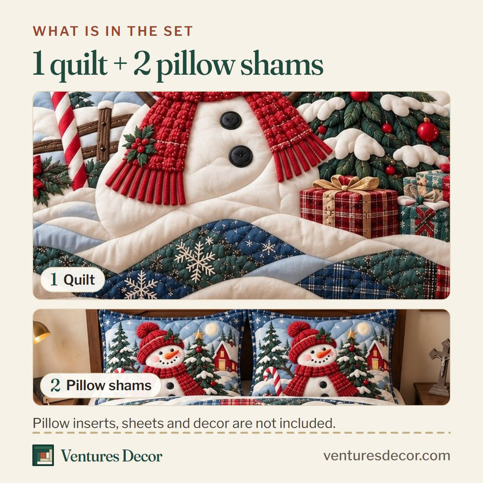 What is in the set: one quilt and two pillow shams, shown in the Snowman Snowfall Charm design