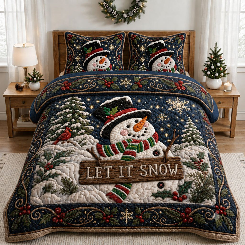 Snowman Snowfall quilted bedding set, quilt and two pillow shams on a made bed