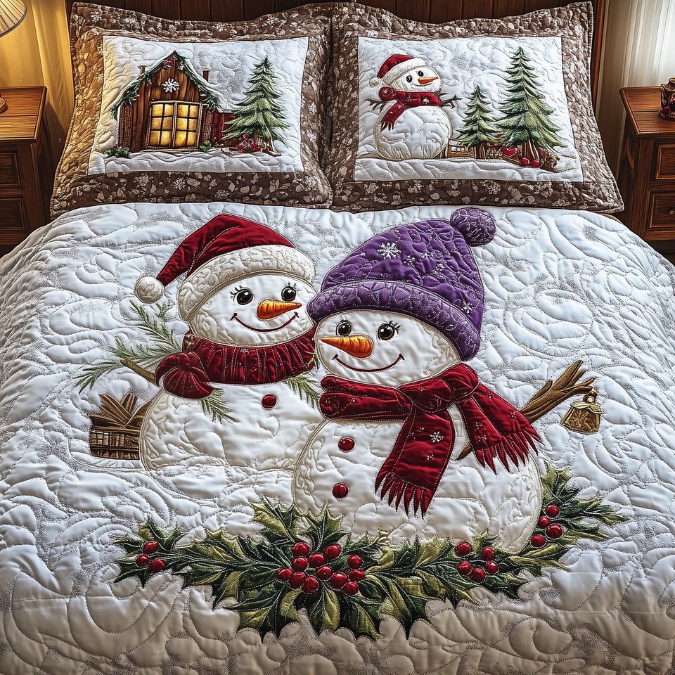 Snowman Sweethearts Holly quilted bedding set, quilt and two pillow shams on a made bed