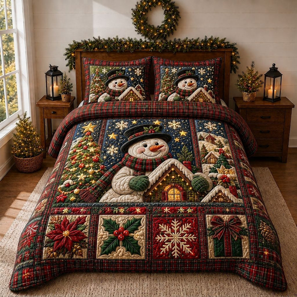 Snowman Village quilted bedding set, quilt and two pillow shams on a made bed