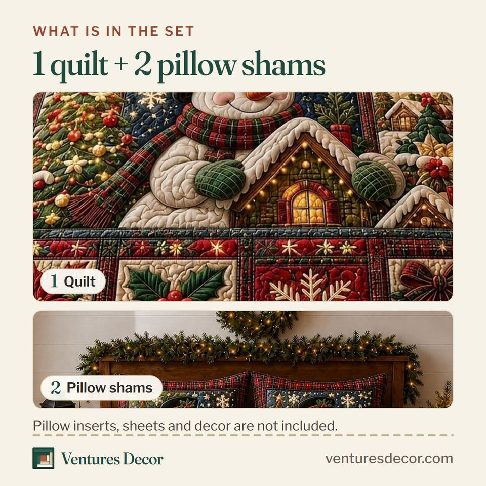 What is in the set: one quilt and two pillow shams, shown in the Snowman Village design