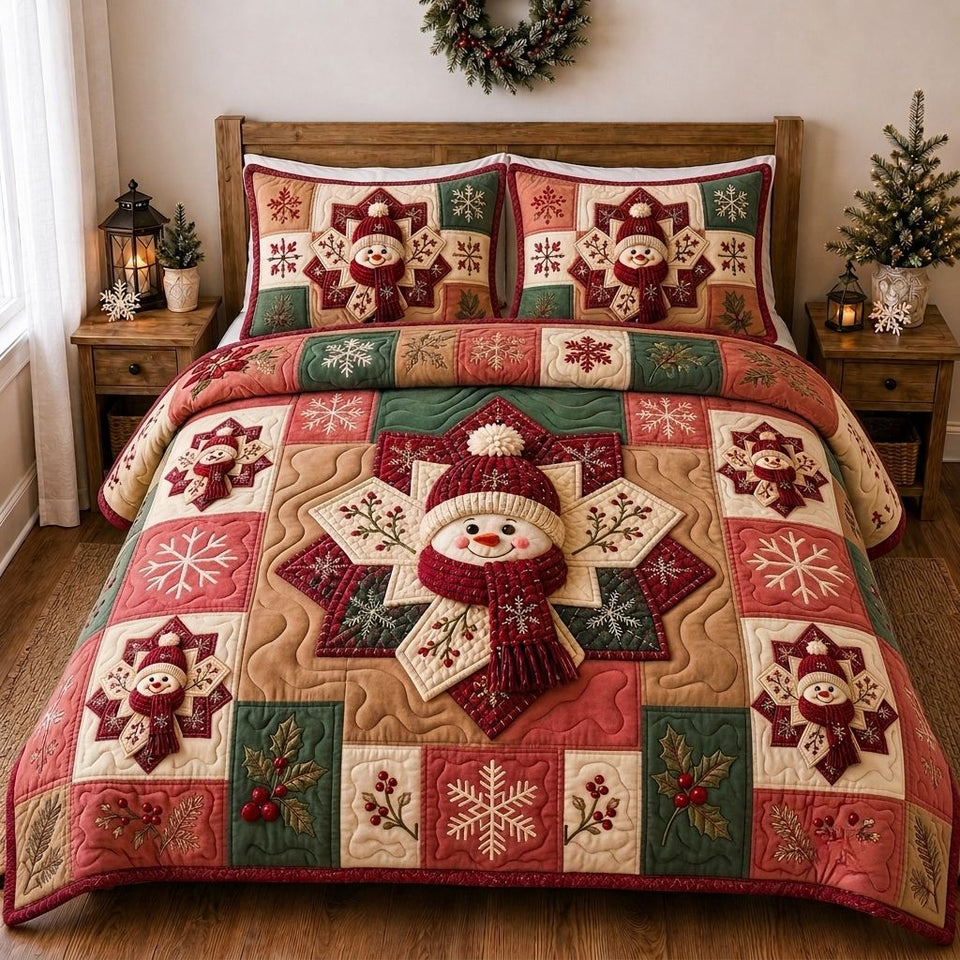 Snowman Winter Wishes quilted bedding set, quilt and two pillow shams on a made bed