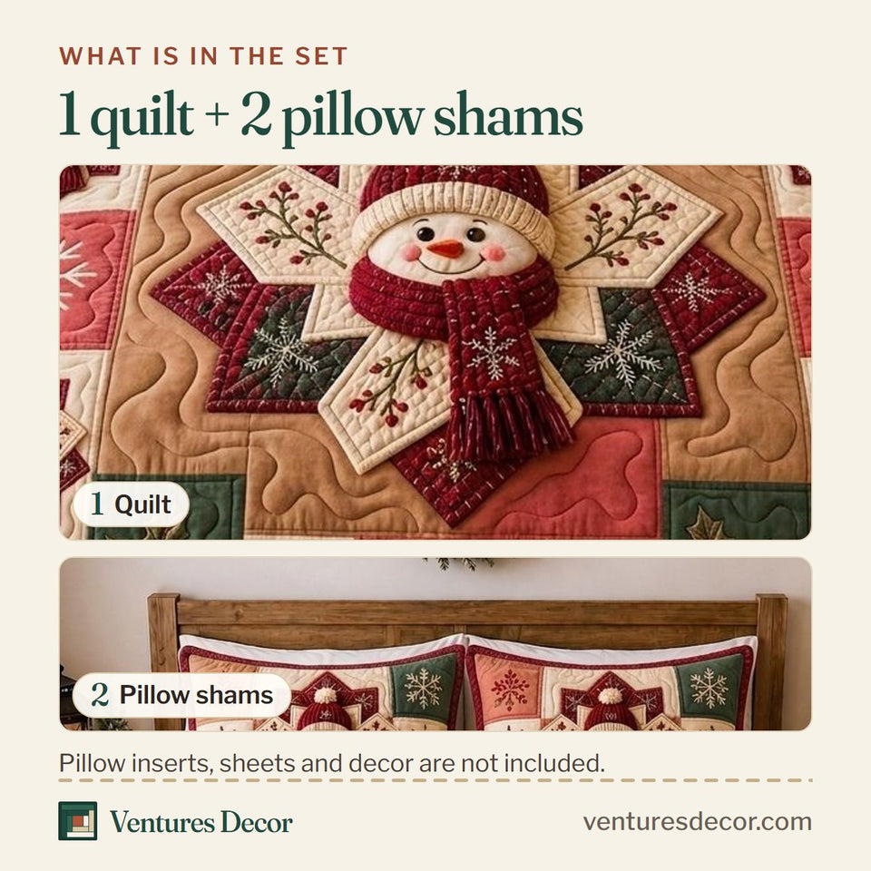 What is in the set: one quilt and two pillow shams, shown in the Snowman Winter Wishes design