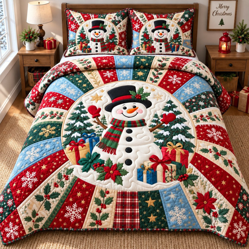 Snowman Winter Wonder quilted bedding set, quilt and two pillow shams on a made bed