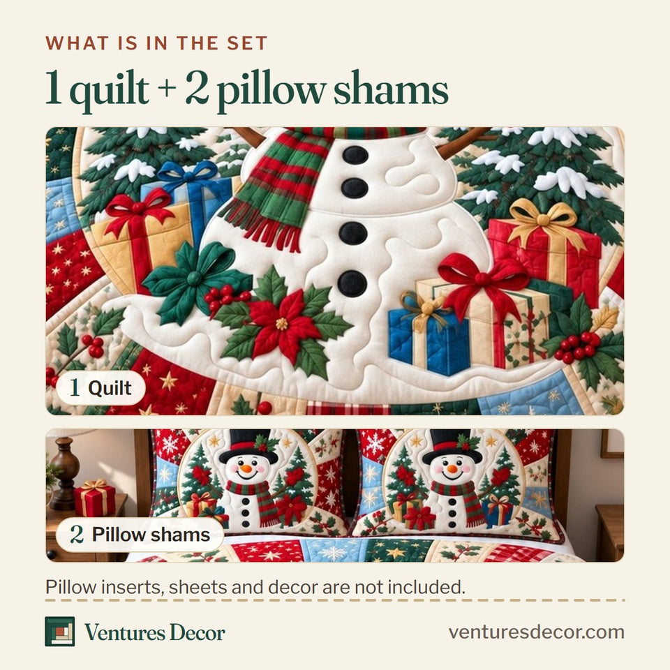 What is in the set: one quilt and two pillow shams, shown in the Snowman Winter Wonder design