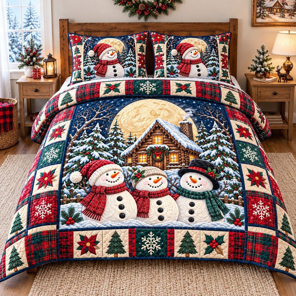Snowman Winter Wonderland quilted bedding set, quilt and two pillow shams on a made bed