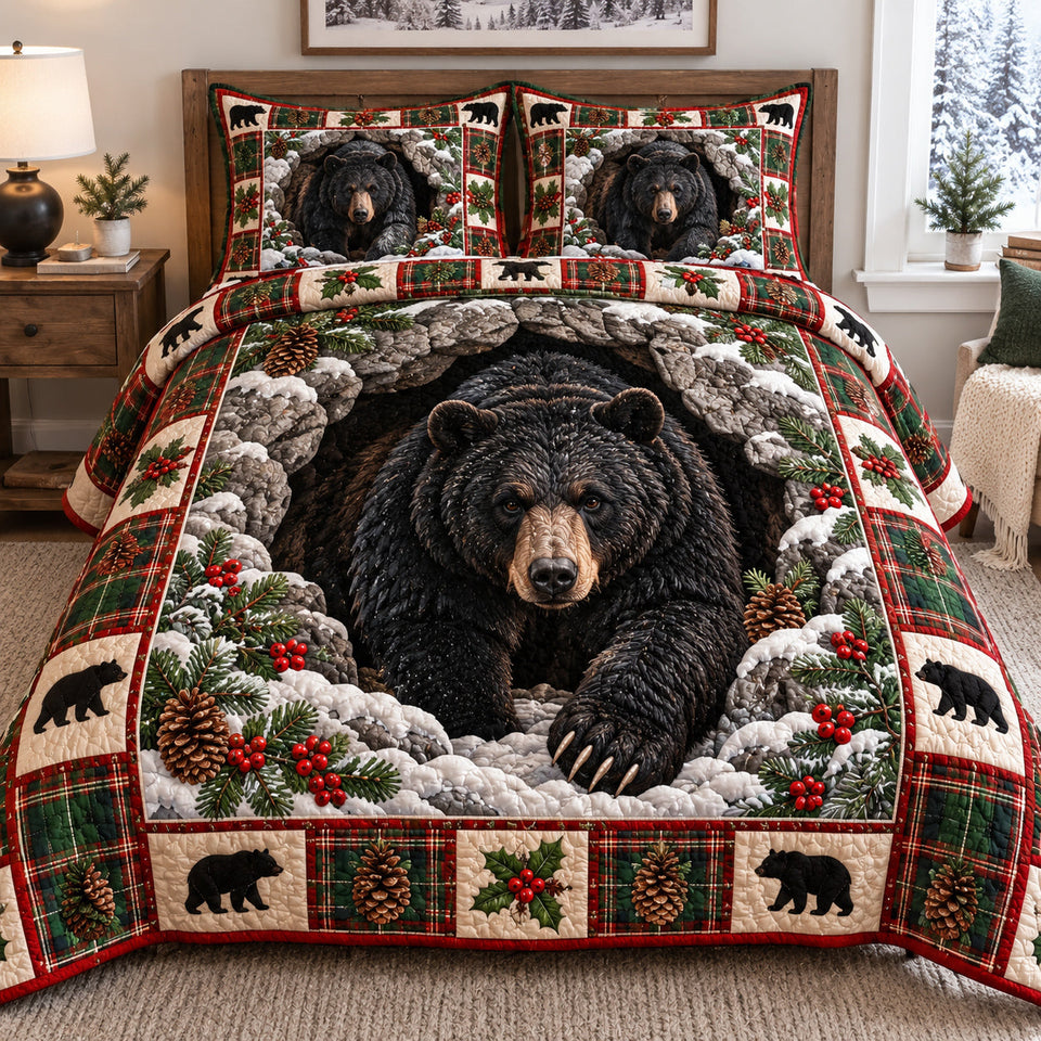 Snowy Bear Cave quilted bedding set, quilt and two pillow shams on a made bed