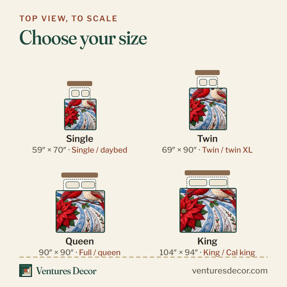 Size guide for the Snowy Cardinal Duo quilt, top view to scale: Single 59 x 70 in, Twin 69 x 90 in, Queen 90 x 90 in, King 104 x 94 in