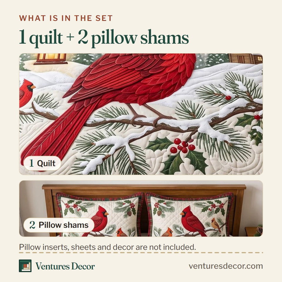What is in the set: one quilt and two pillow shams, shown in the Snowy Cardinal design