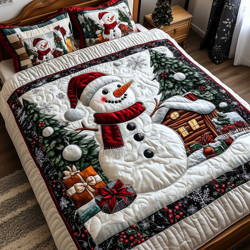 Snowy Companions Cabin and Gift Pair quilted bedding set, quilt and two pillow shams on a made bed