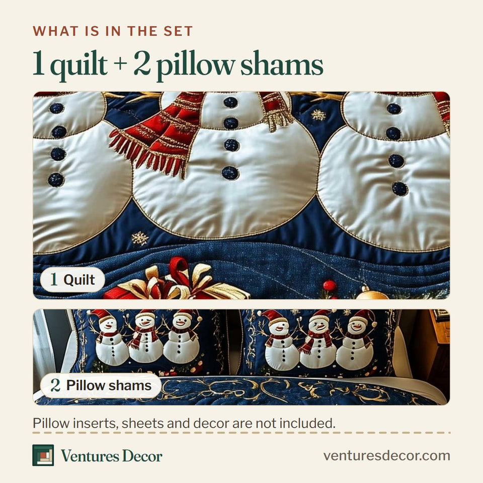 What is in the set: one quilt and two pillow shams, shown in the Snowy Companions Navy Bauble Row design